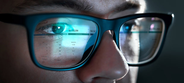 Reflection in eye glasses of man using AVA